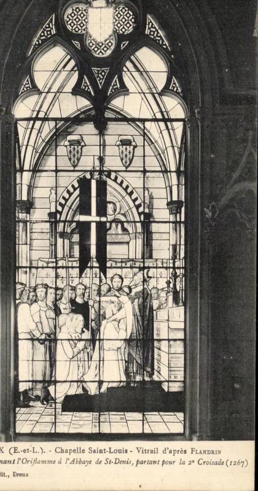 Kapelle Saint-Louis — Glasfenster nach Flandrin, das die Oriflamme in der Abtei Saint-Denis beim Aufbruch zur 2. Kreuzzug (1267) darstellt — Edition Dreux - Vorderseite