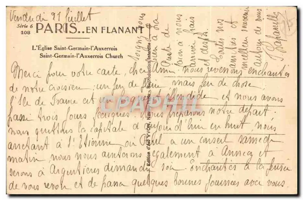 Die Kirche Saint-Germain-l'Auxerrois — Paris — Kunstausgabe Yvonn, Serie 6, Nr. 108 - Rückseite