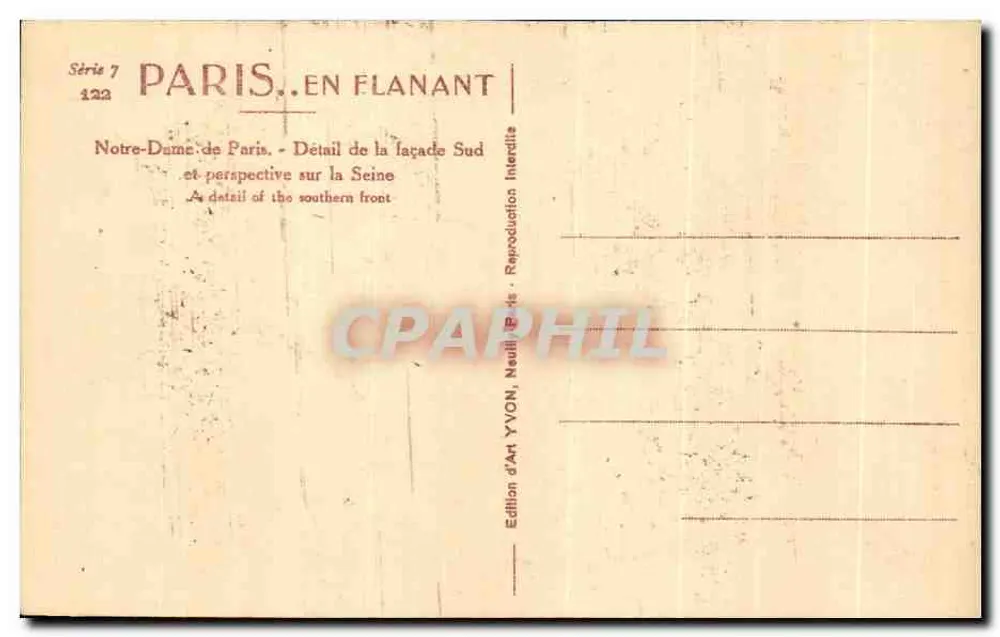 Notre-Dame de Paris — Detail der Südseite und Perspektive auf die Seine — Édition d'Art YVON - Rückseite