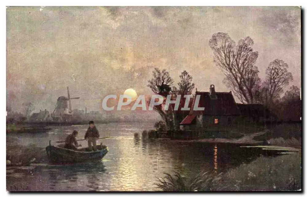 Paysage nocturne avec moulin à vent — scène de rivière et maison — éditeur non identifié, série 217 - Frente