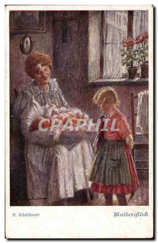 Mutterglück — scène intérieure avec femme tenant un bébé et petite fille en robe à volants — éditeur A. Scheibbauer - Frente