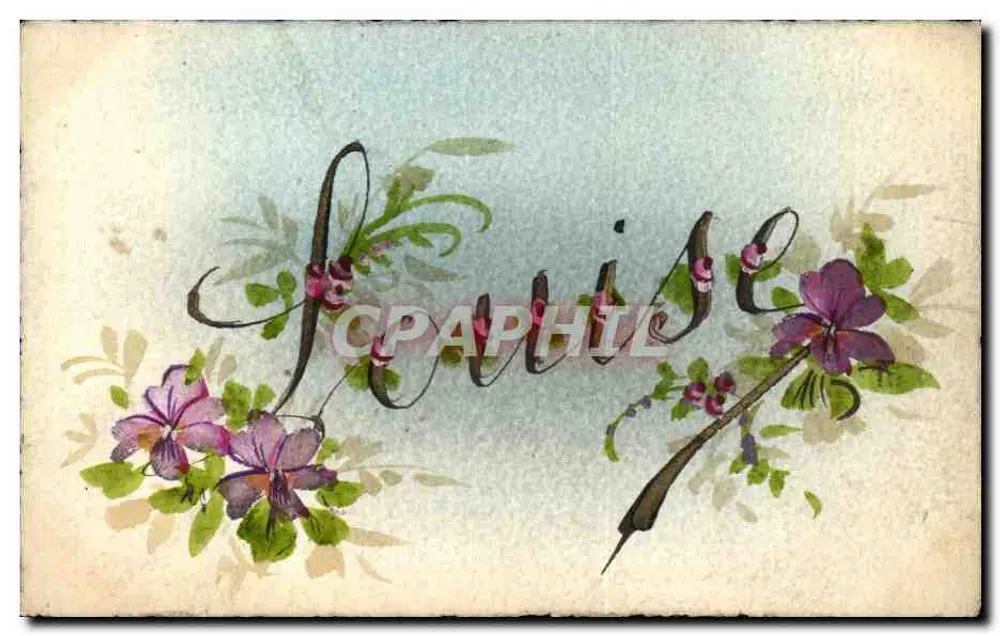 Fleurie — Dekorative Ansichtskarte mit Kalligraphie und Blumen - Vorderseite