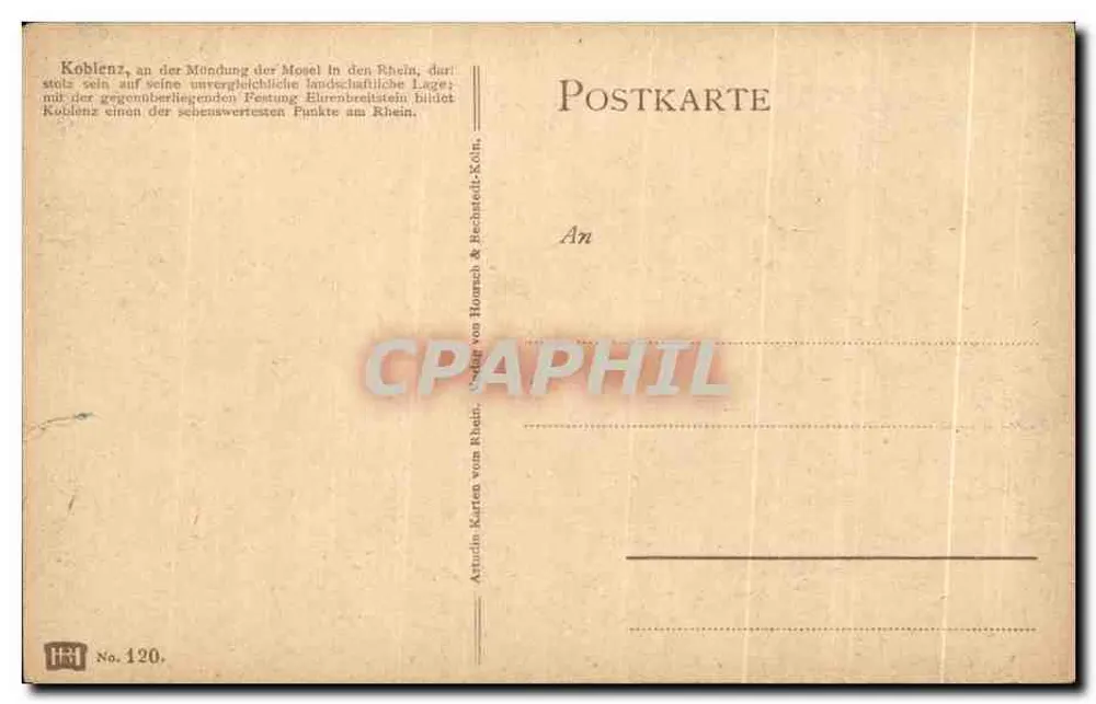 Koblenz — Ansicht des Rheins und Mosel — Verlag Artadin Karten & Bechthold-Köln, n° 120 - Rückseite