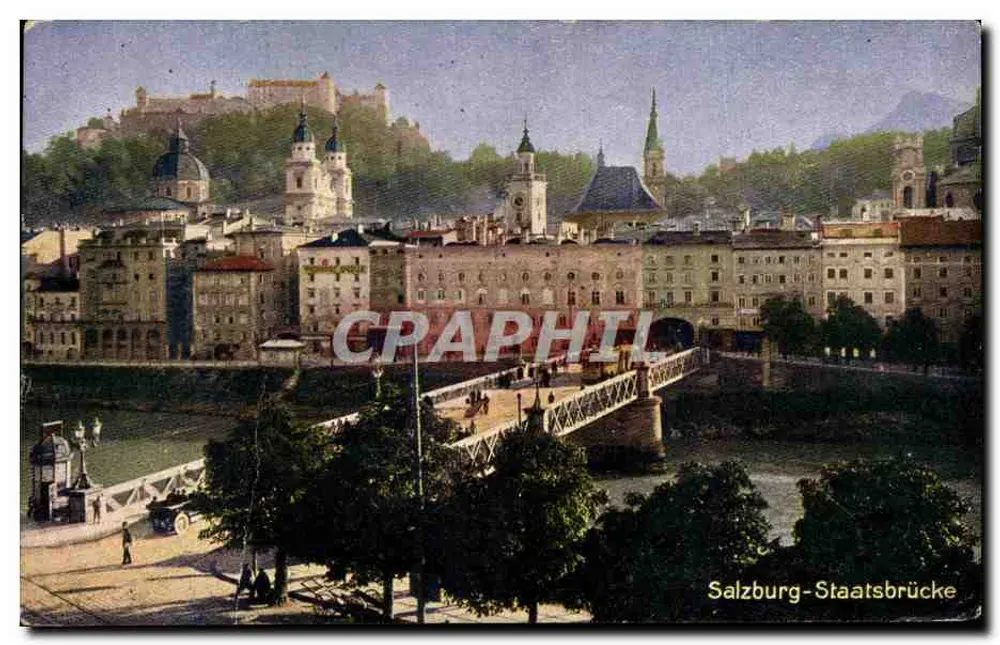 Salzbourg — vue de la Staatsbrücke avec le château au sommet — éditeur J. Muttegger, Salzbourg - Awers