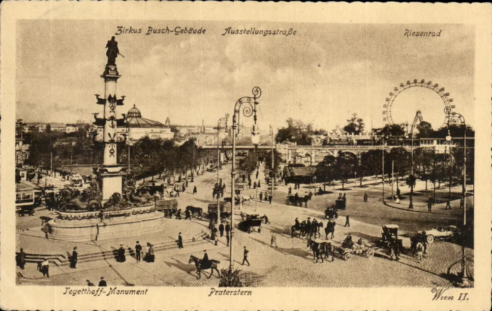 Monumento Jegetthoff — Praterstern — Viena II — com Riesenrad e Zirkus Busch-Gebäude - Frente