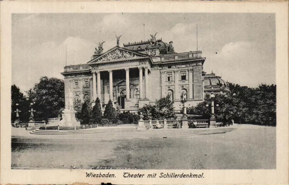 Wiesbaden — Teatro com monumento Schiller — editor H.L.K. - Frente