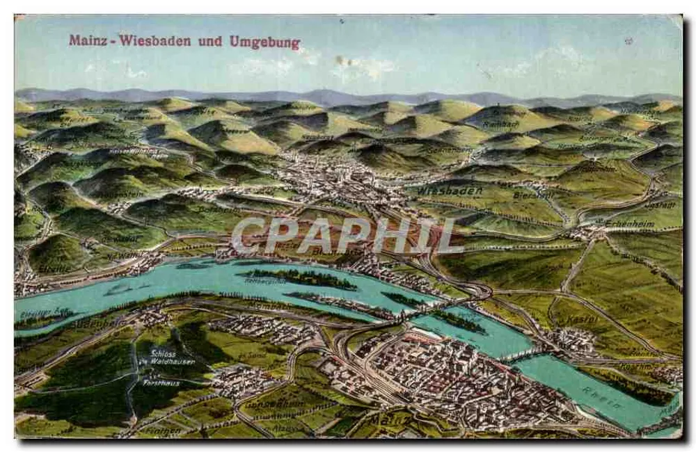 Mainz-Wiesbaden y sus alrededores — vista aérea colorida — M. Jacobi, Kunstverlag, Frankfurt a.M. n° 13 - Anverso