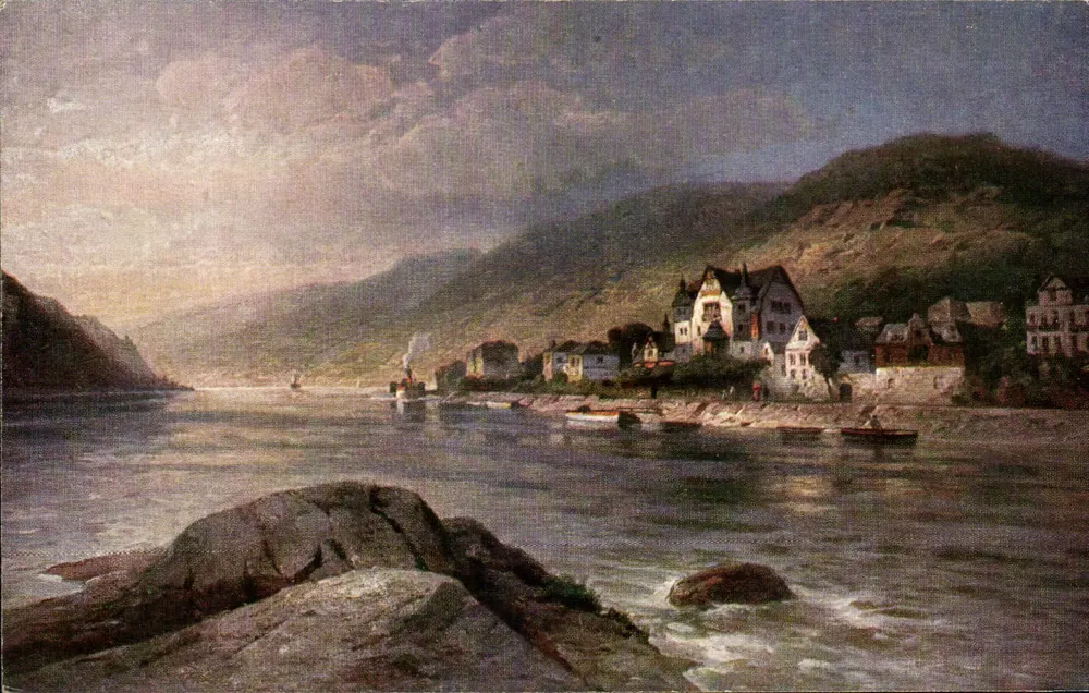 Assmannshausen com o castelo do pintor 'Zur Krone' — vista do Reno, estação da linha de trem de Bechstedt — editor Astudio-Karten, n° 116 - Frente