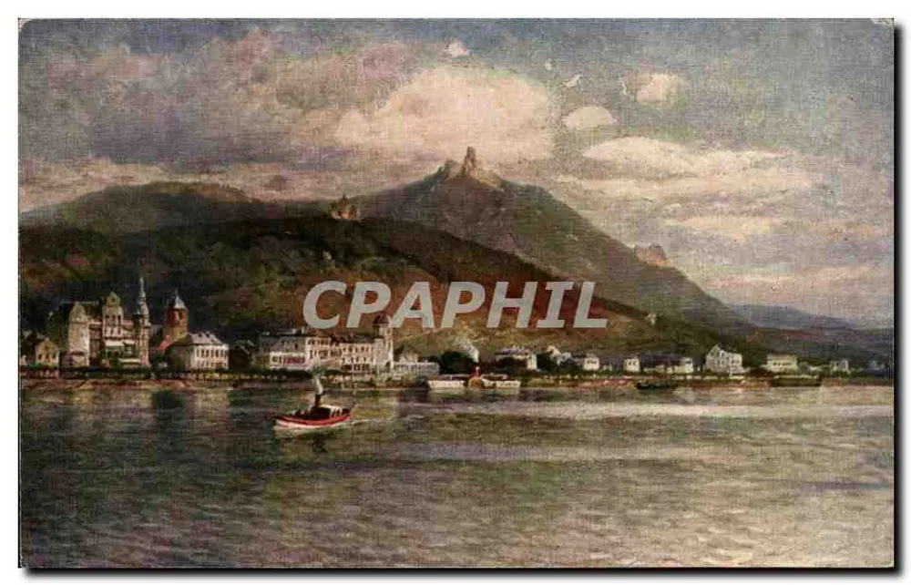Königswinter no rio Reno — ponto principal de saída para o Siebengebirge, cujo orgulhoso guardião, o Drachenfels, domina a cidade — cartas Asundi-Karten, n.º 130 - Frente