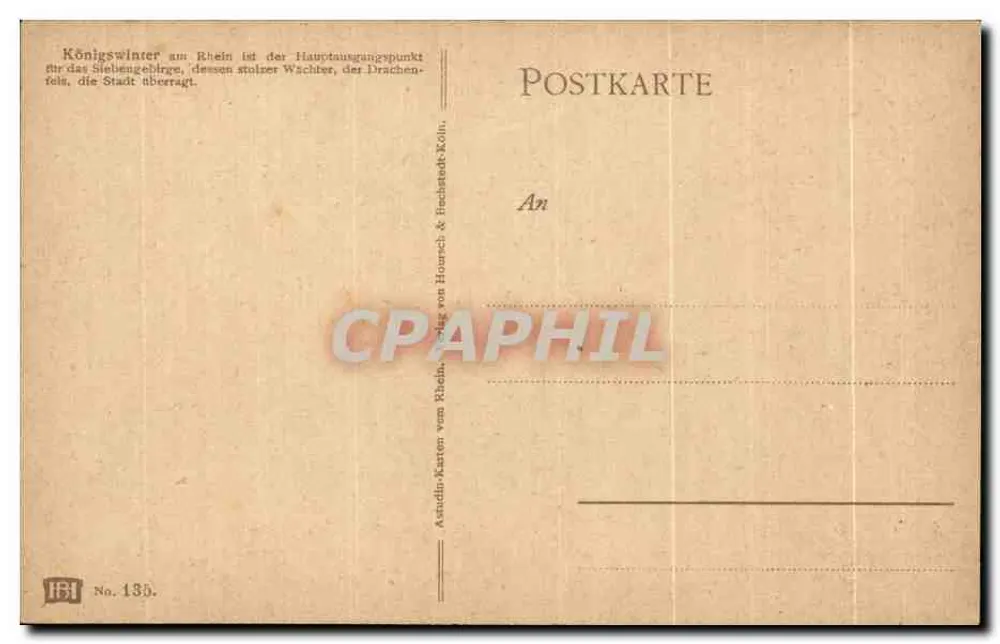 Königswinter no rio Reno — ponto principal de saída para o Siebengebirge, cujo orgulhoso guardião, o Drachenfels, domina a cidade — cartas Asundi-Karten, n.º 130 - Verso