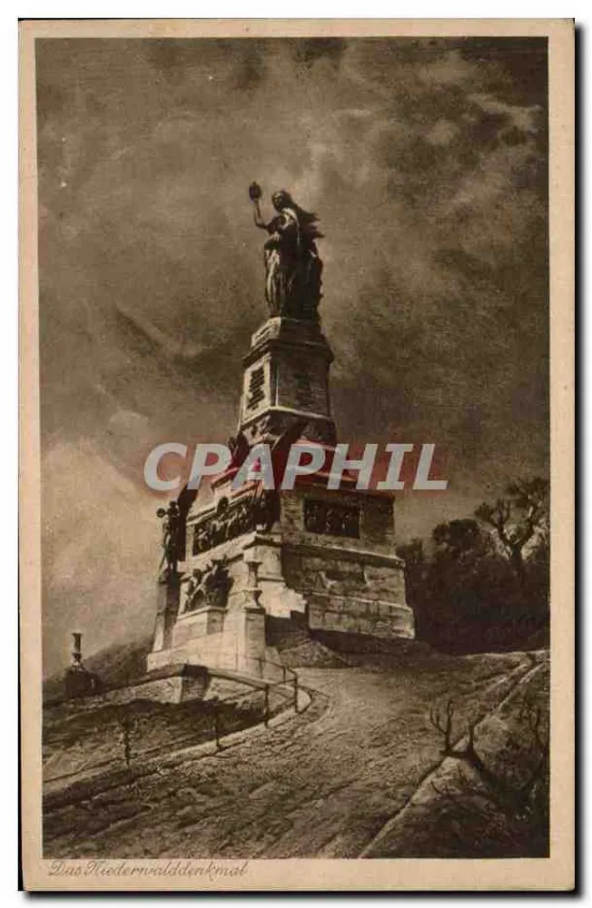 Das Niederwalddenkmal — monumento com uma estátua segurando uma bandeira — editor Verlag von Honschke & Co. em Colônia - Frente