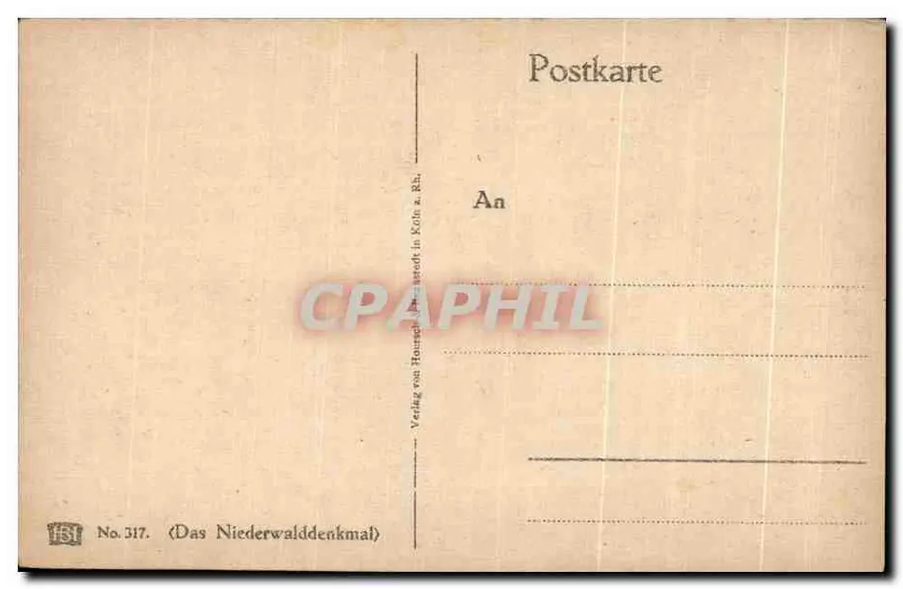 Das Niederwalddenkmal — monumento com uma estátua segurando uma bandeira — editor Verlag von Honschke & Co. em Colônia - Verso