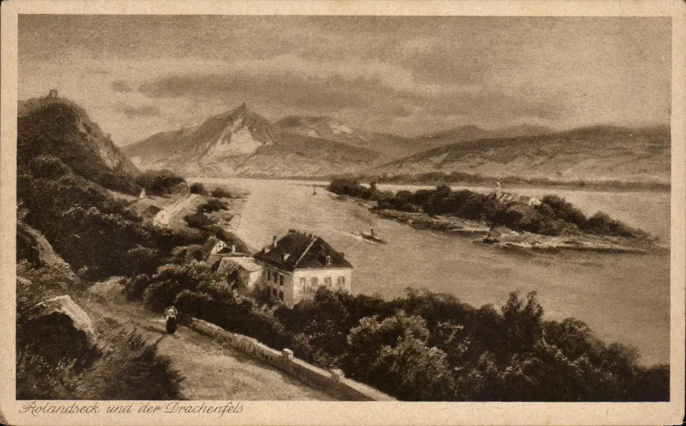 Rolandbeck e o Drachenfels — vista panorâmica — cartas Annullin-Karten do Reno, Colônia, n.º 108 - Frente