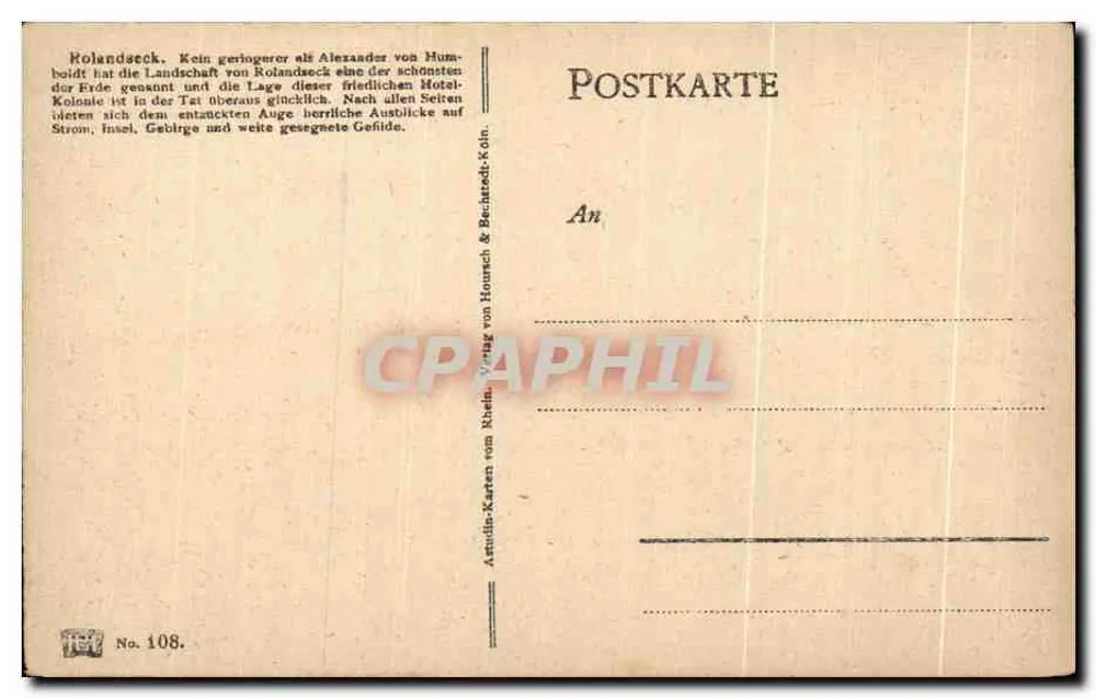 Rolandbeck e o Drachenfels — vista panorâmica — cartas Annullin-Karten do Reno, Colônia, n.º 108 - Verso