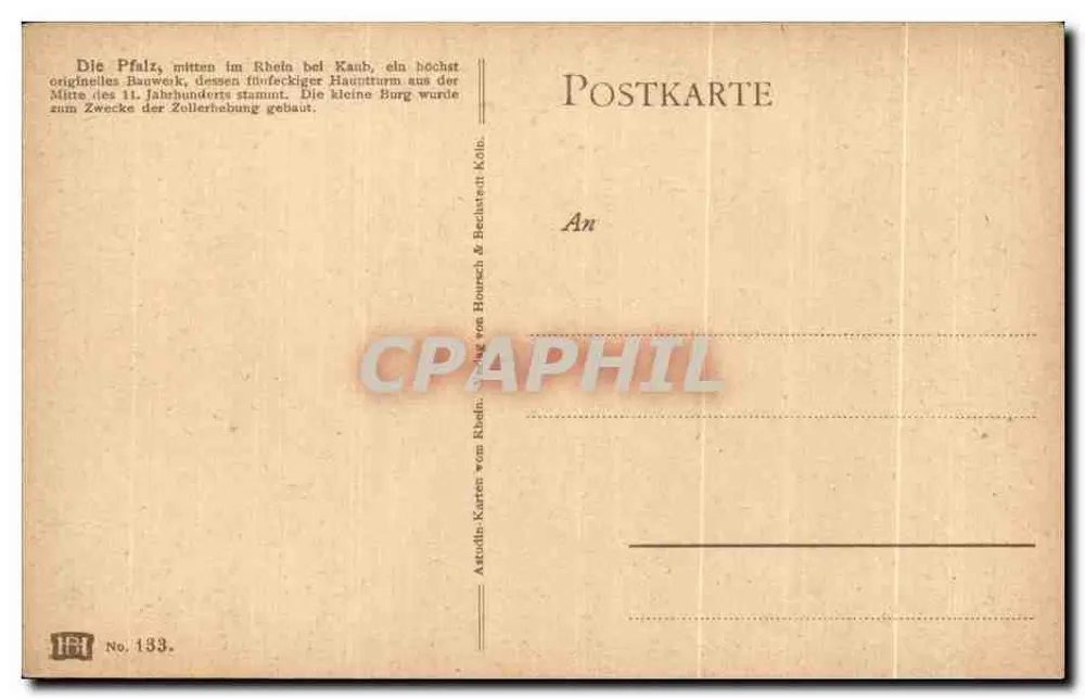 Schloss auf der Insel des Rheins — Kaub — Verlag H. von Haurich & Bechert, Nr. 133 - Rückseite
