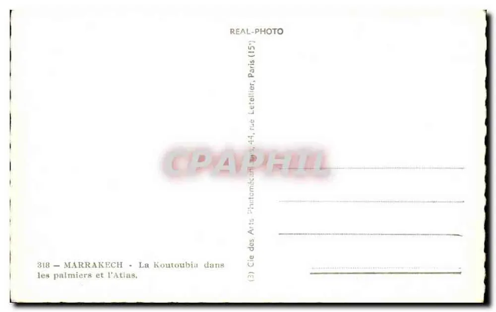 Marrakech — Ansicht der Koutoubia zwischen Palmen und Atlas — REAL-PHOTO, Paris - Rückseite