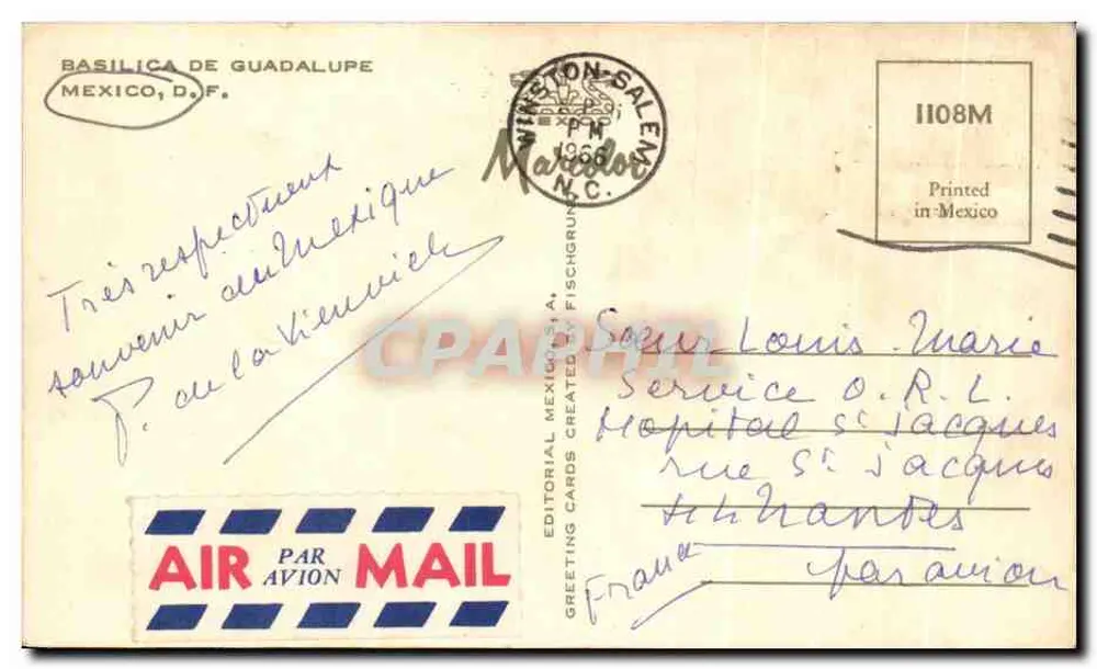 Basilique de Guadalupe — vue de l'édifice avec grille et cyprès — éditeur Editorial Mexicano, n° 1108M - Verso