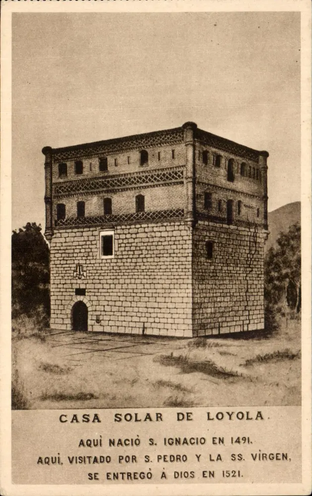 Casa Solar de Loyola — Nascido em Loyola em 1491, visitado pela Virgem Santa em 1521 — Edição J. Irazu - Frente