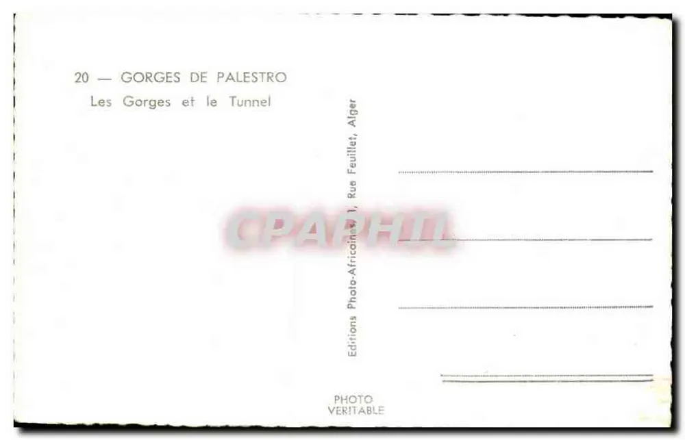 Gorges de Palestro — As Gorges e o Túnel — Editor: Editions Photo-Africaines, Alger - Verso