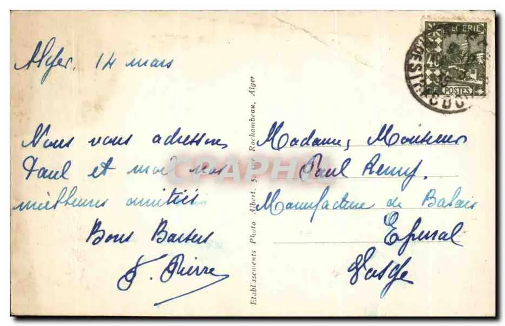 Algér — Vue générale prise en avion — Éditeur : Etablissements Photo Albert, Alger, n° 523 - Verso