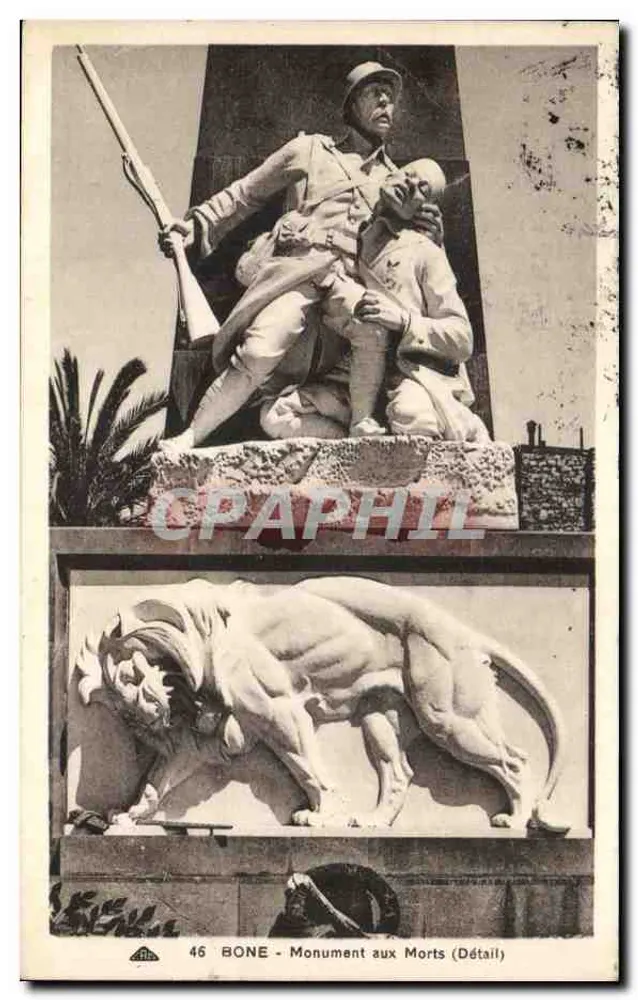 BONE - Denkmal für die Toten (Detail) — Detail einer Statue eines Soldaten, der einen Verwundeten trägt, und eines geschnitzten Löwen — Nr. 46 - Vorderseite