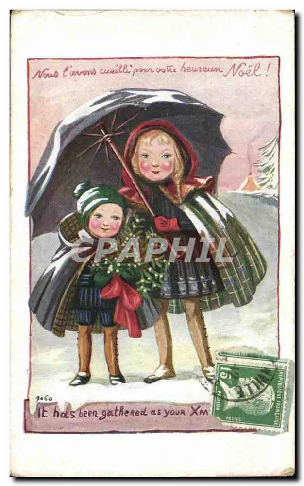 Zwei Kinder unter einem schnecken Parapluie — Weihnachten — Verlag nicht sichtbar - Vorderseite