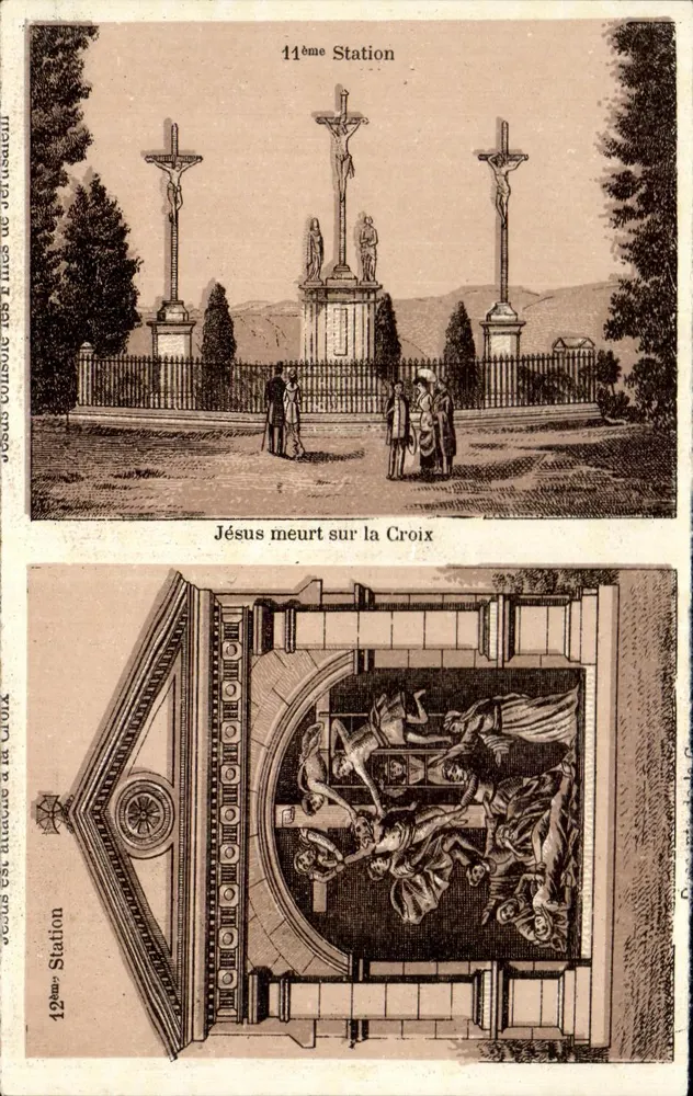 11ème Station — Jésus meurt sur la Croix — 12ème Station — Jésus est attaché à la Croix — Éditeur : J. B. L. G. (imprimé en bas à gauche du recto) - Frente