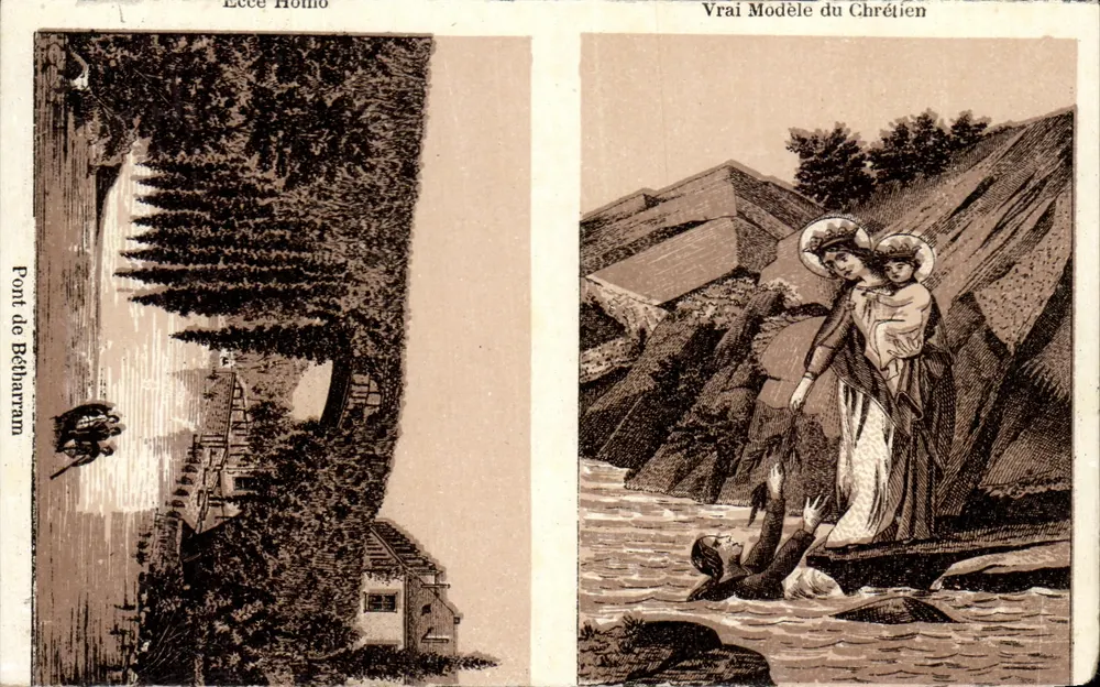 Pont de Bétharram — vue du pont et scène religieuse — éditeur impr. sur la carte - Frente