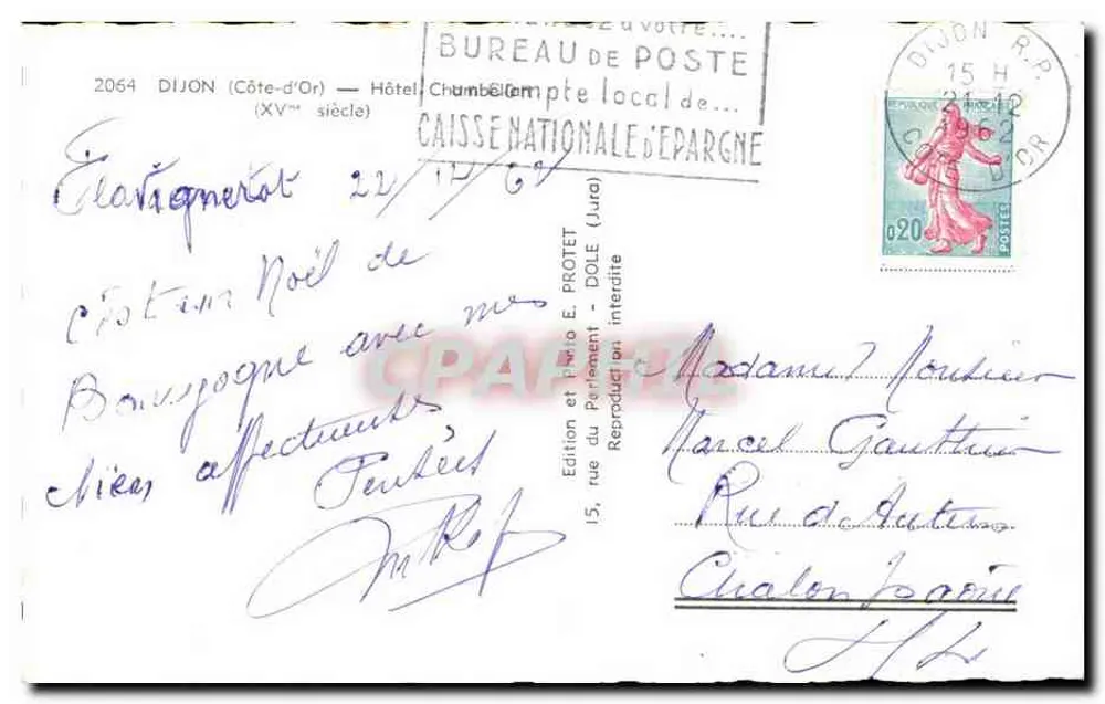 Hotel Chambéry — Dijon — Edição e Foto E. Protet - Verso