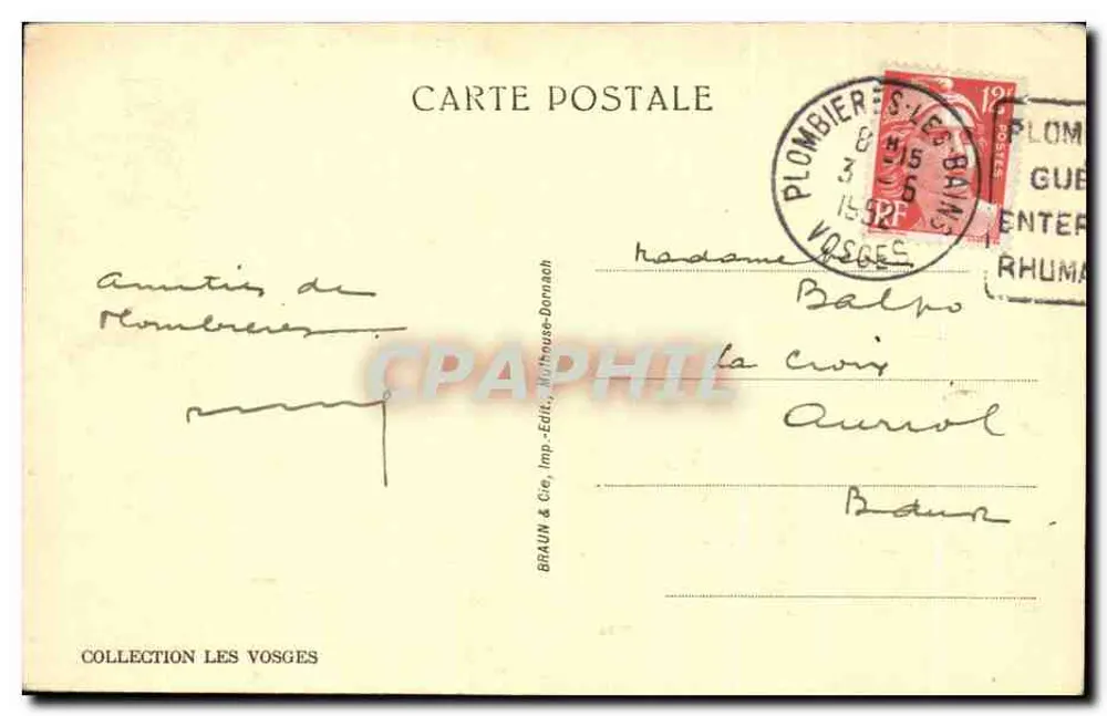 Plombières — Os Pinheiros do Parque — editor Braun & Cie, n° 15098 c - Verso