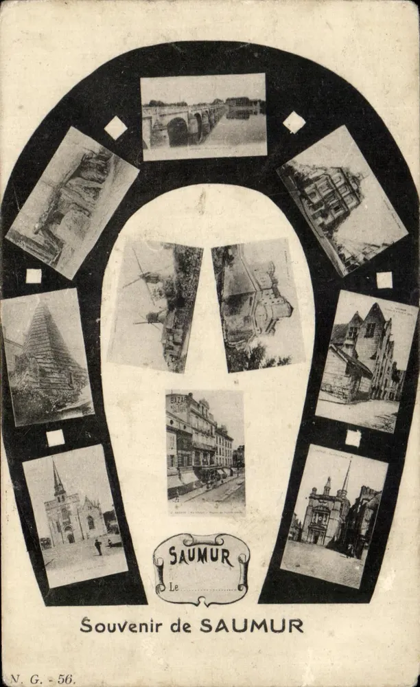 Saumur — vue panoramique avec collage de lieux emblématiques — éditeur N.G. n° 56 - Frente