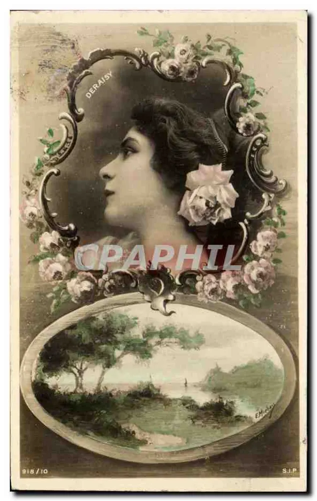 Porträt einer Frau — floraler Dekor und Landschaft — DERAISY, Verlag S.I.P., Nr. 918/10 - Vorderseite
