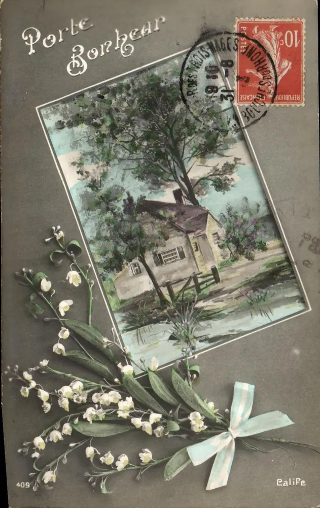 Türe des Glücks — ländliche Szene mit Haus und Baum — Verlag Calife, Nr. 409 - Vorderseite