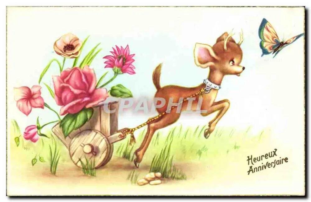 Fuchs, der mit einem Blumenwagen spielt — Geburtstagskarte — unbekannter Verlag - Vorderseite