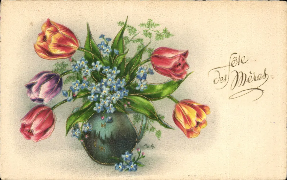 Büschel Tulpen und Vergissmeinnicht — Muttertag — R. Hamel, Paris - Vorderseite