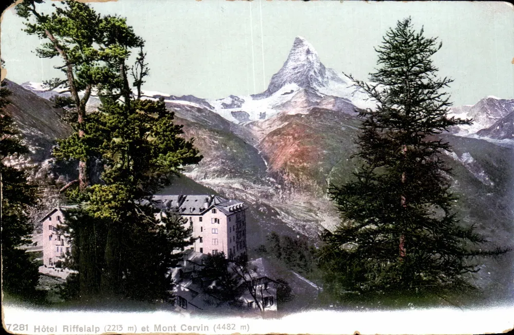 Hôtel Riffelalp (2213 m) et Mont Cervin (4482 m) — vue alpine avec sommet enneigé — éditeur Phototypia Co., Neuchâtel, n° 7281 - Frente