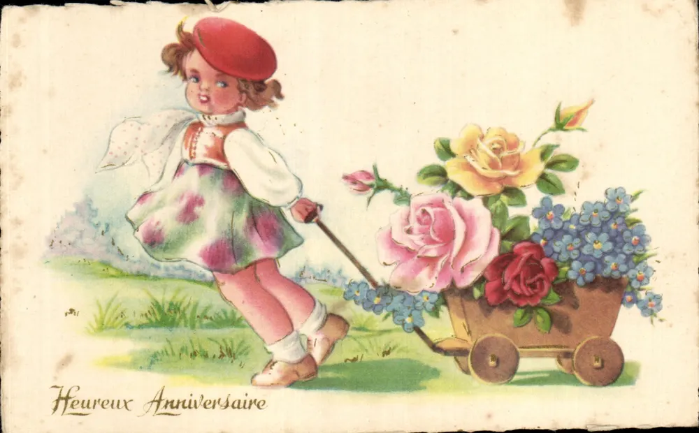 Mädchen mit Blumenwagen — Geburtstag — R. HAMEL, n°127 - Vorderseite