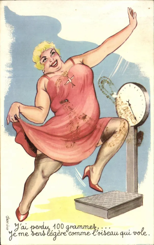 Femme joyeuse sur une balance — illustration humoristique avec texte imprimé et manuscrit — éditeur FRANÇAISE - Vorderseite