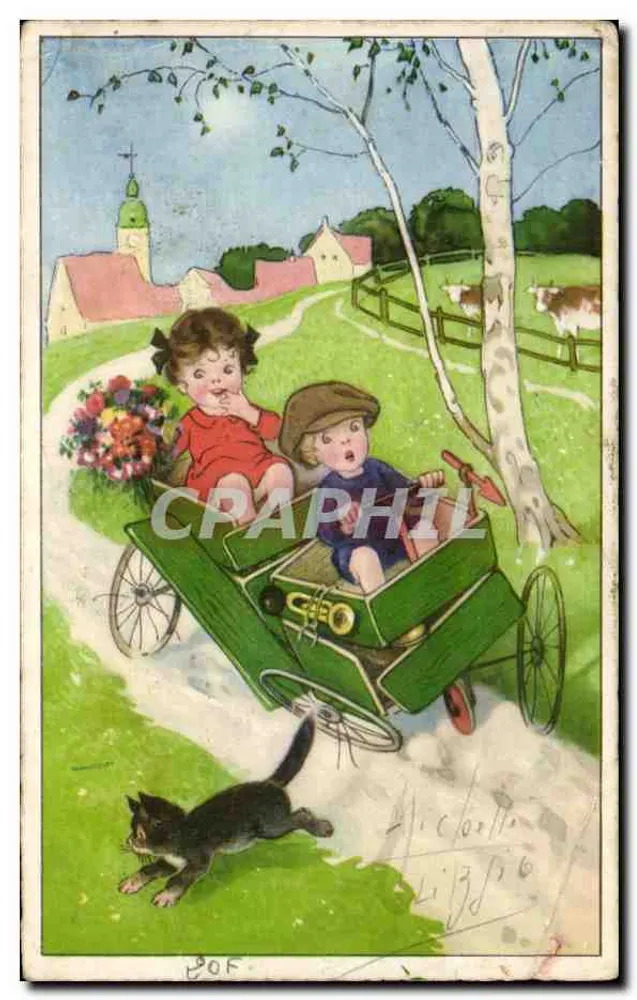 Dois crianças em um carrinho de bebê — cena de campo — editor CRAPHIL, n° 3513 - Frente