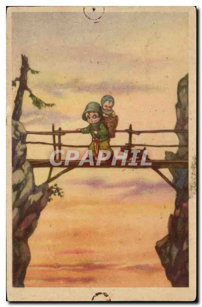 Zwei Kinder auf einer Hängebrücke — Berglandschaft am Sonnenuntergang — Verlag Gaspaurini, Mailand, Nr. 534-2 - Vorderseite