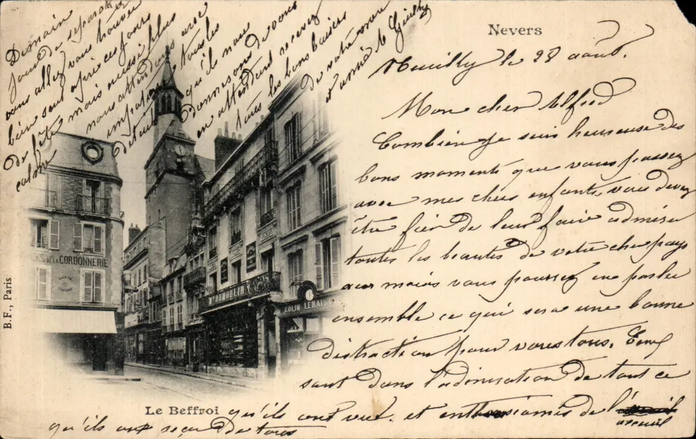 Le Beffroi à Nevers — vue de rue avec enseignes 'Cordonnerie' et 'Colin Lénaïs' — éditeur B.F. Paris - Frente