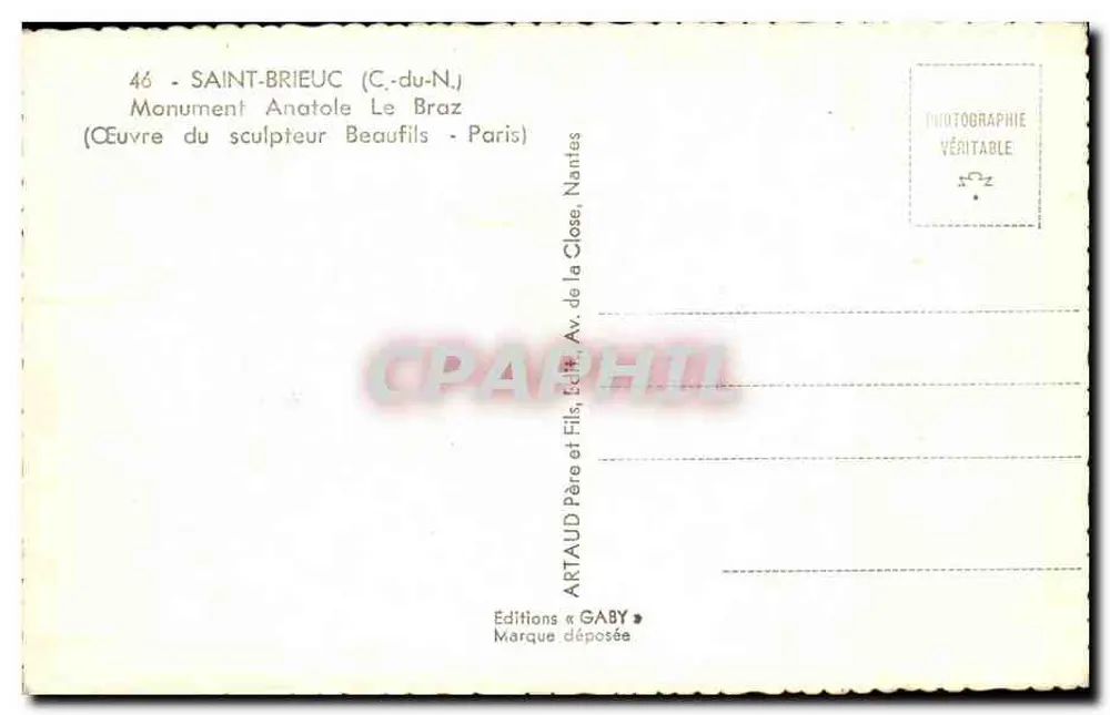 Saint-Brieuc — Denkmal Anatole Le Braz — Éditions Gaby - Rückseite