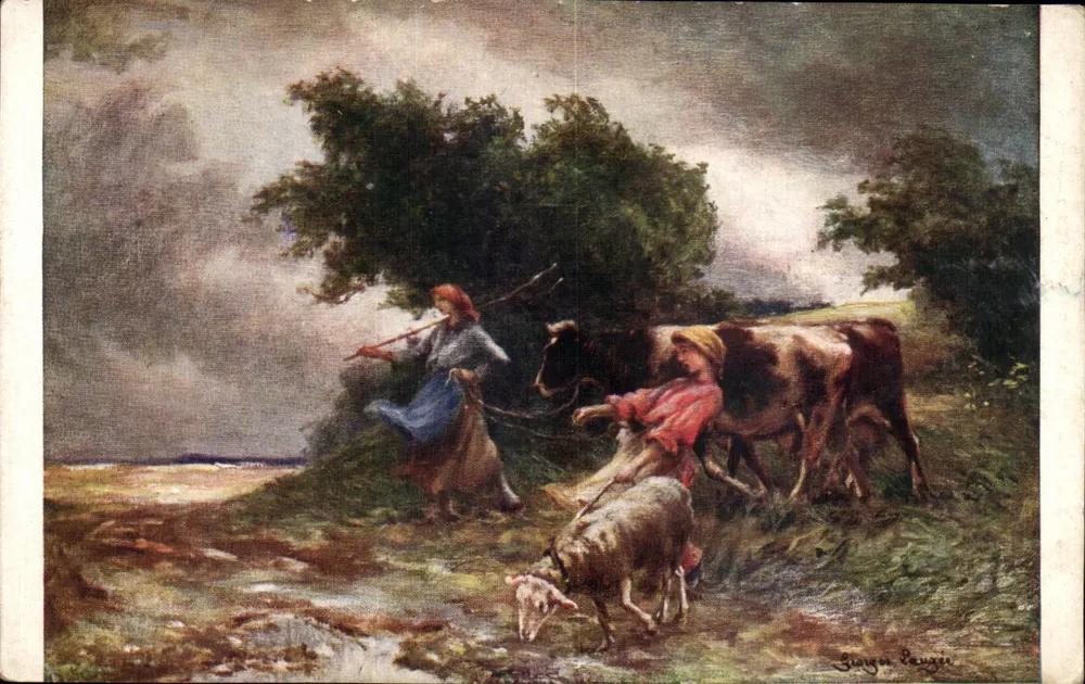 Mujeres y vacas en un paisaje — pintura de Zunger Langer — editor Saison de Paris, n° 5.29 - Anverso