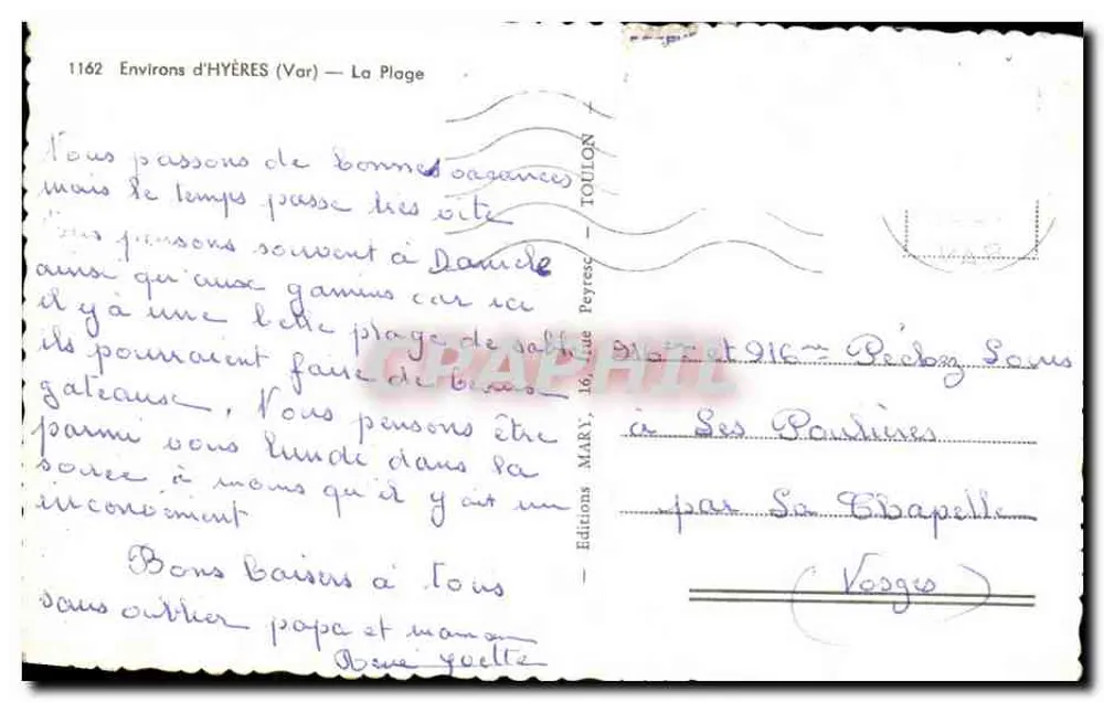 Ambiente de Hyères (Var) — A Praia — Edições Mary, n°1162 - Verso