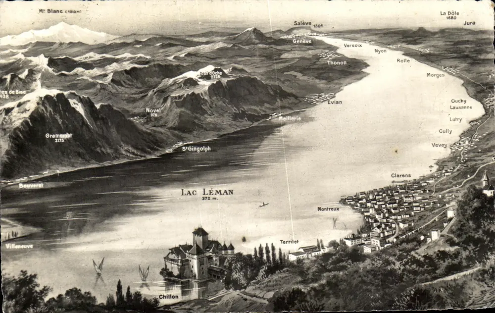 Jezioro Leman — widok z powietrza z górami i lokalizacjami — C. SARTORI FILS, Versoix - Genewa - Awers