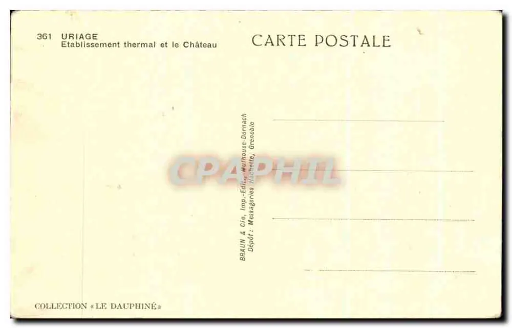 Uriage — Estabelecimento termal e o Castelo — Braun & Cie, Imp.-Edit. Mithouse-Dornach - Verso