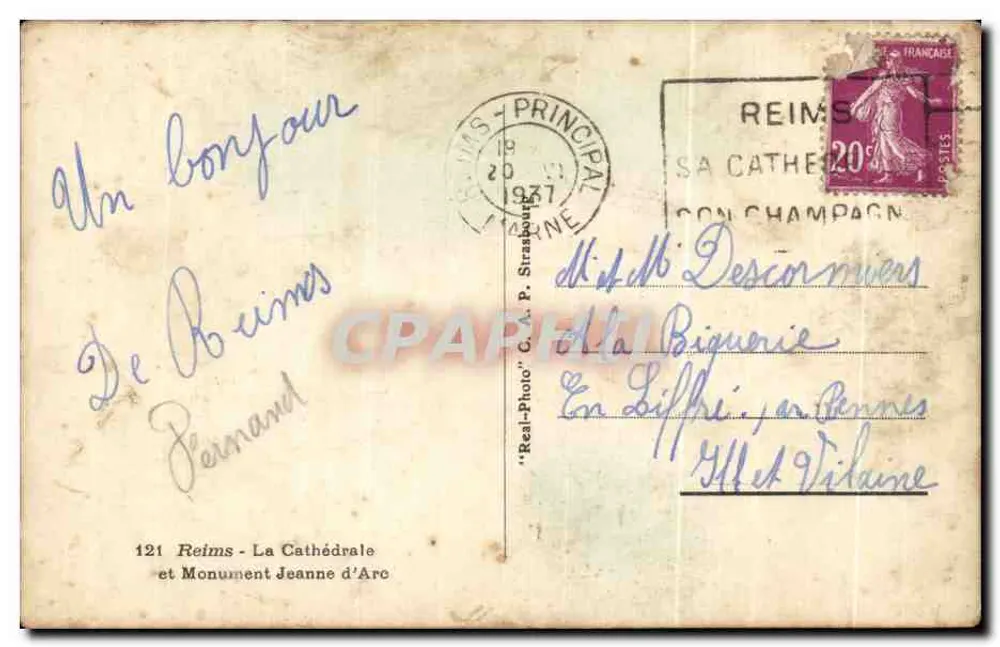Reims - Die Kathedrale und das Denkmal Joan of Arc — Real-Photo C.A.P. P. Straßburg, n°121 - Rückseite