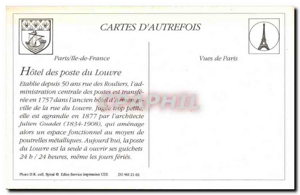 Paris — O Hotel das Correios, rue du Louvre — S.I. Paris - Verso