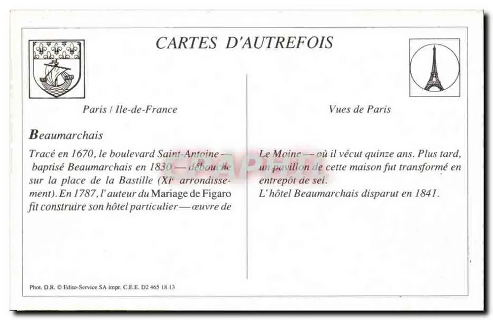 Paris — Statue de Beaumarchais — Édito-Service SA, série D2 465 - Verso