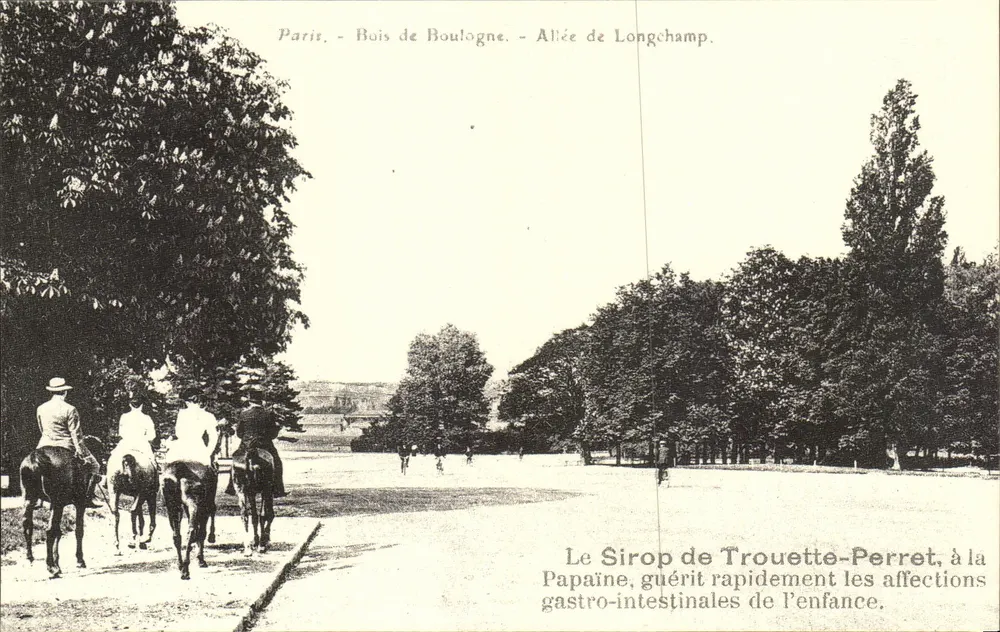 Paris - Bois de Boulogne - Allée de Longchamp — Der Syrup von Trouette-Perret, bei der Papaine, heilt rasch die Magen-Darm-Erkrankungen der Kinder - Vorderseite